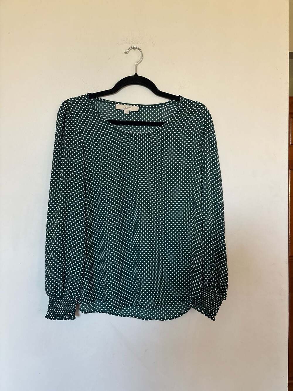 LOFT Green Polka Dot Long Sleeve Blouse with Smocked Cuffs